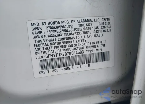 2007 Honda Pilot Ex-L z USA, uszkodzony, nr VIN 5FNYF18707B014503